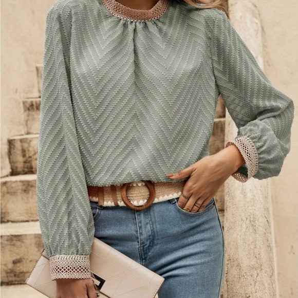 SHEIN Frenchy Guipure Lace Insert Mock Neck Blouse - Picture 2 of 4